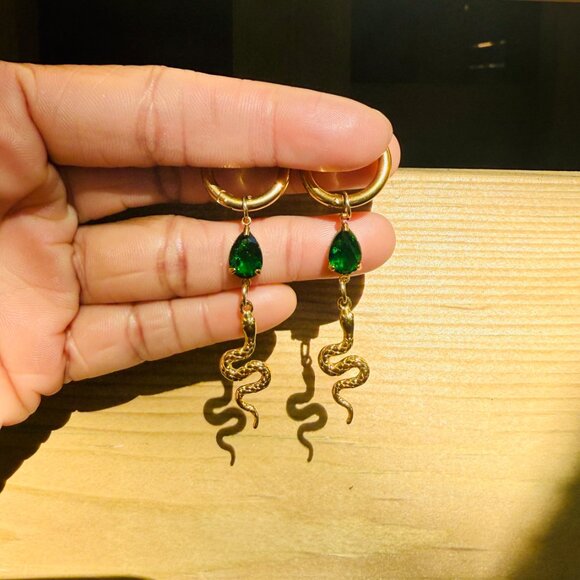 Gold Snake Cottagecore Green Tear Drop Earrings Huggie Hoop Serpent Fairycore - Picture 5 of 6